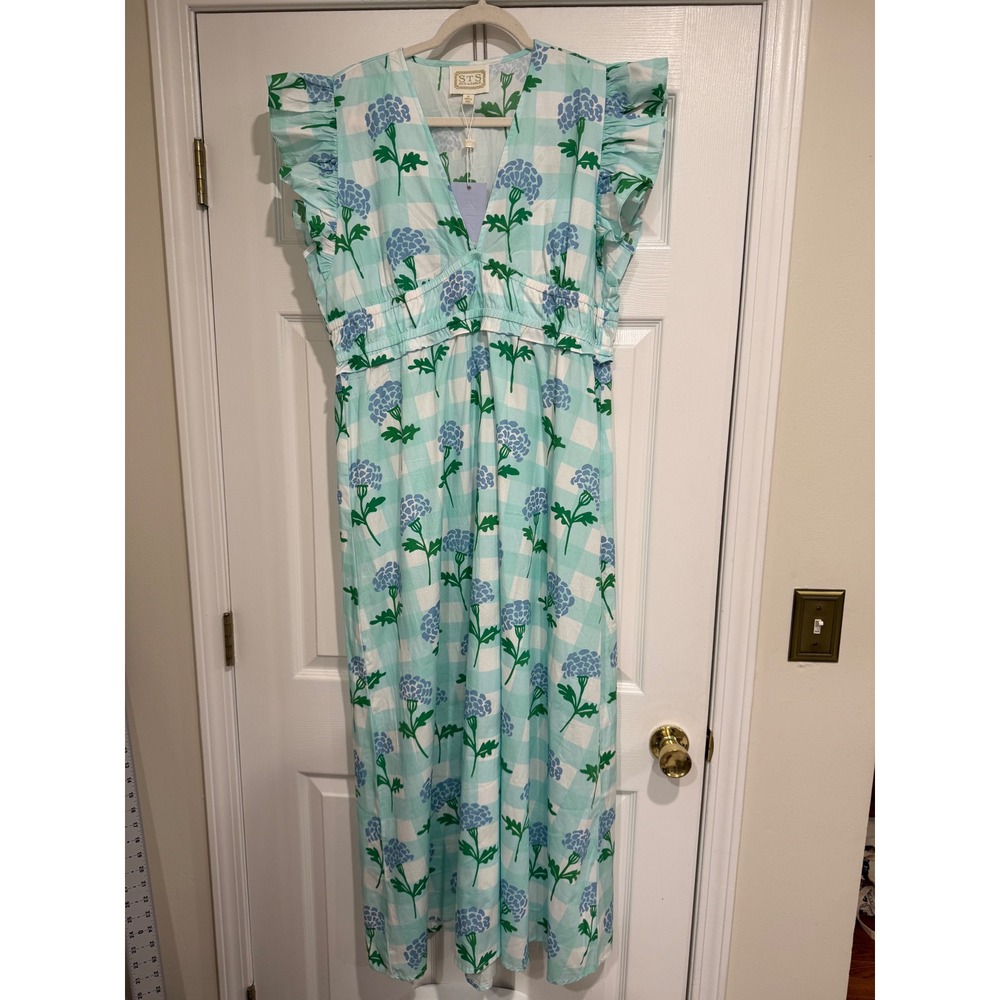 Sail to Sable STS Hydrangea Gingham Maxi Dress Mint Green Blue Floral XL NWT